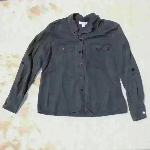 TOPSHOP Gray Button Up Relaxed Fit Top Collar Pockets Roll Tab Sleeve Women S - Picture 1 of 9